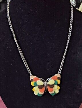 Passion Y2K Colorful Enamel Butterfly Necklace Silver Tone 16 In. Plus 3 In. Ext
